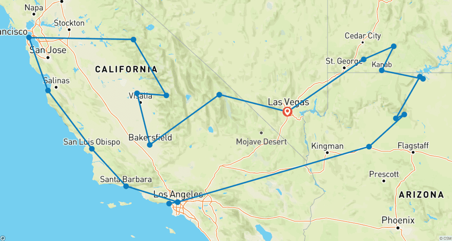 カリフォルニア＆南西部のハイライトのルートマップ