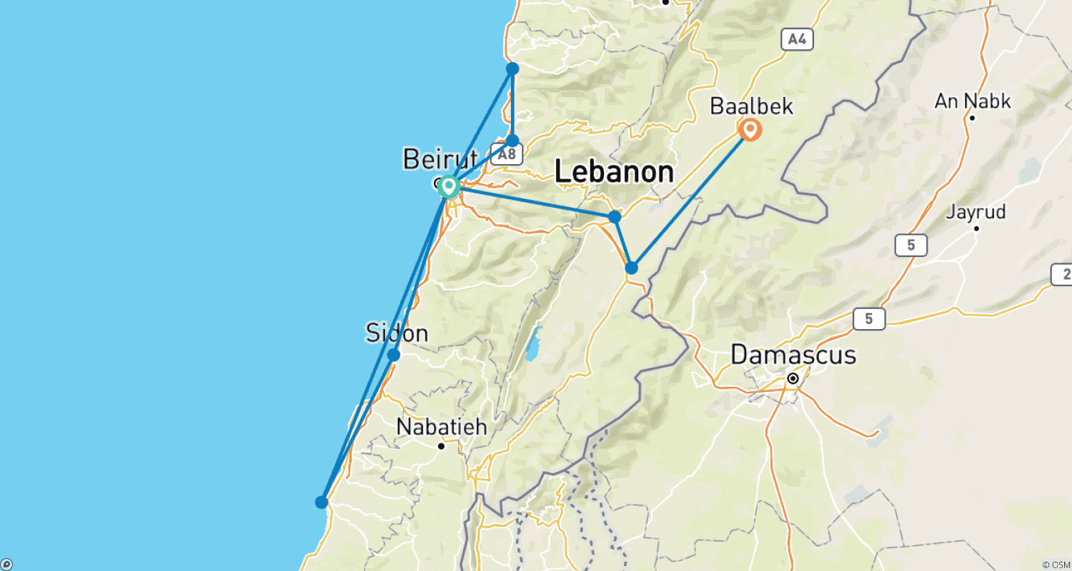 Mapa trasy: Najważniejsze atrakcje Libanu