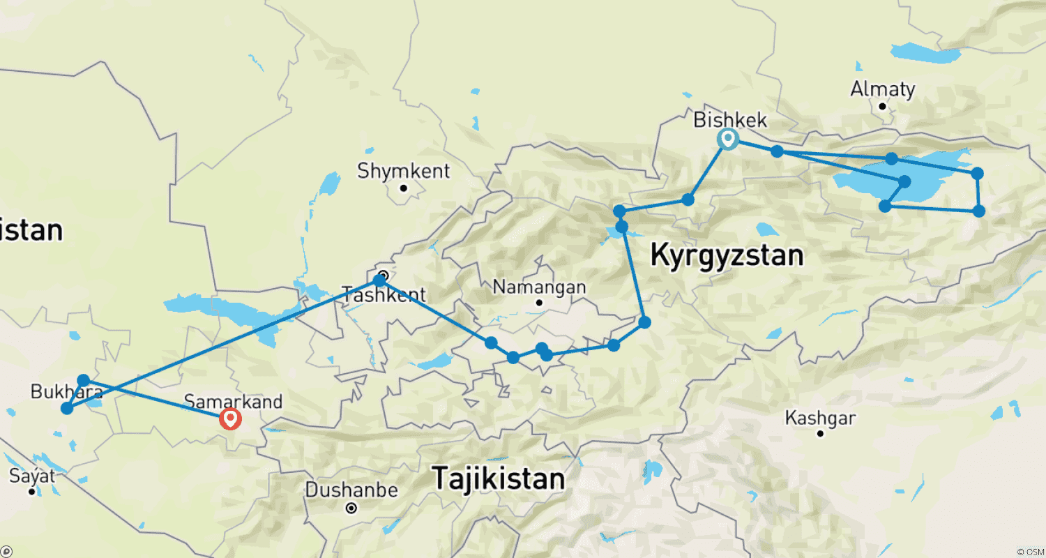 Mapa do percurso de Destaques do Uzbequistão e Quirguistão