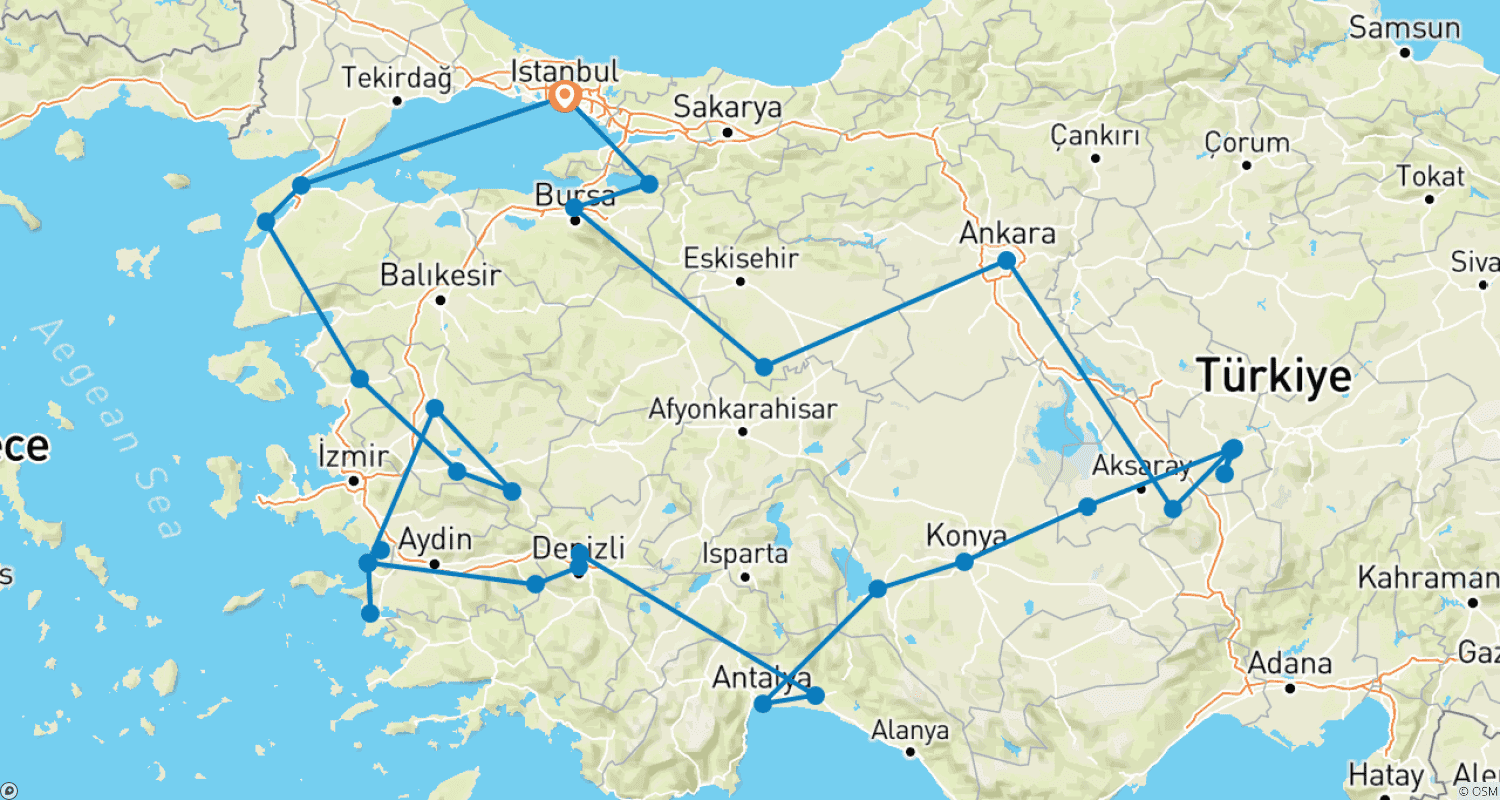 Mapa do percurso de Excursão de 19 Dias pela Turquia