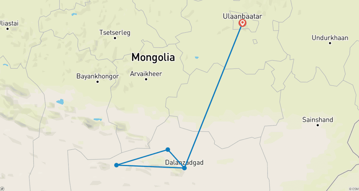 Mapa do percurso de Excursão Personalizada de 4 Dias ao Deserto de Gobi na Mongólia com Guia e Motorista Privados