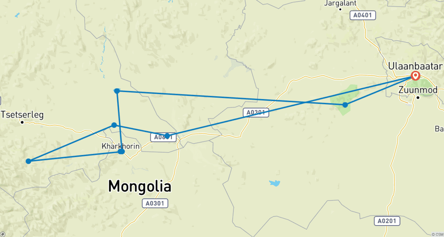 Mapa do percurso de Tour Privado Personalizado de 8 Dias pela Mongólia: Gobi Nômade e Natureza