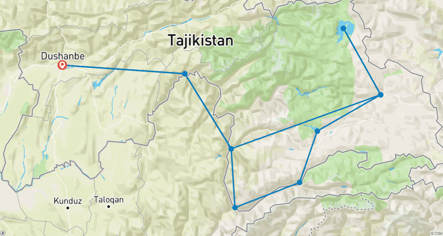 Mapa do percurso de Excursão Personalizada de 12 Dias no Tajiquistão com Guia Privado e Partida Diária