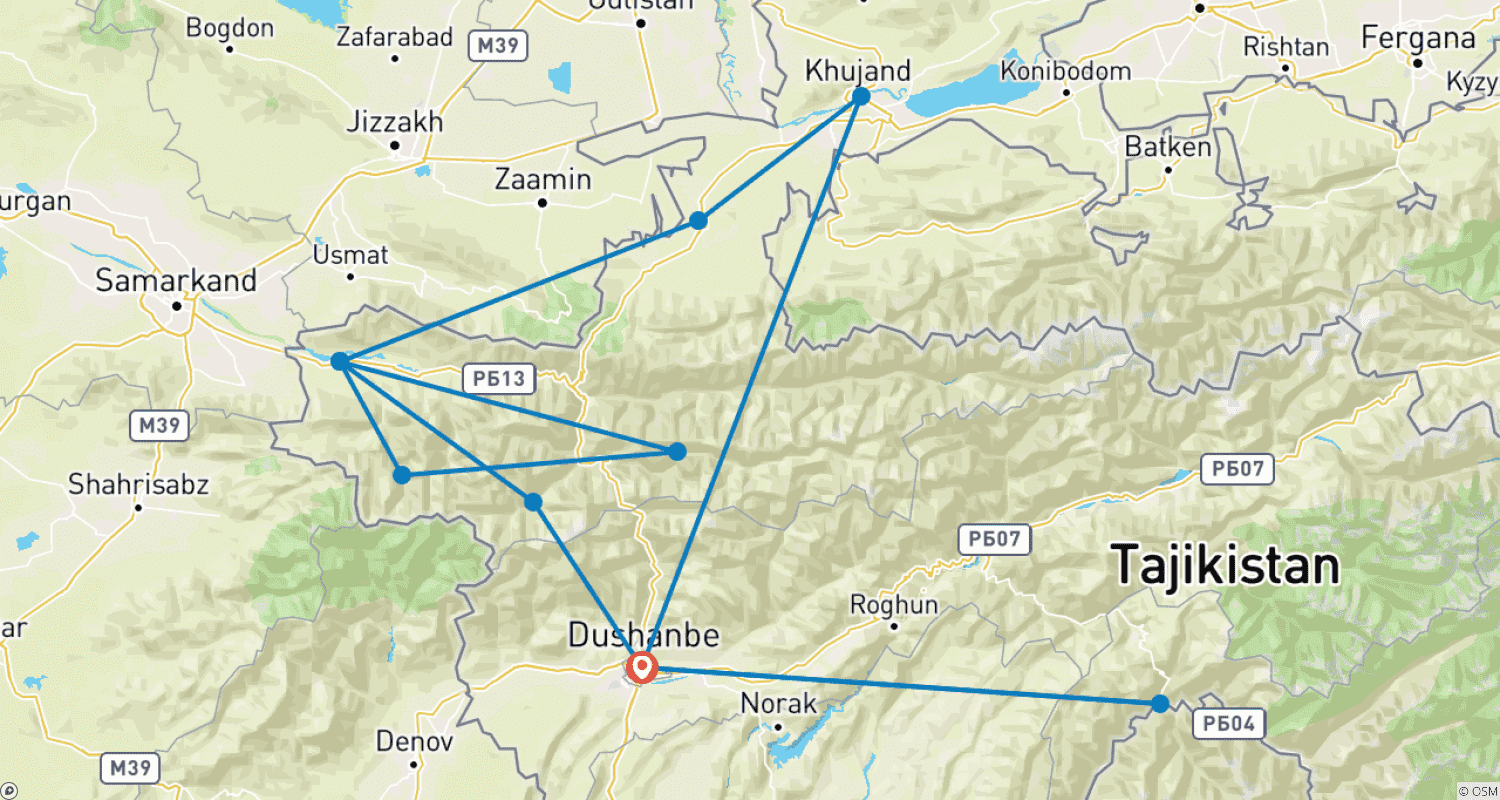 Mapa do percurso de Viagem Personalizada de 11 Dias ao Norte do Tajiquistão, Guia Privado e Partida Diária