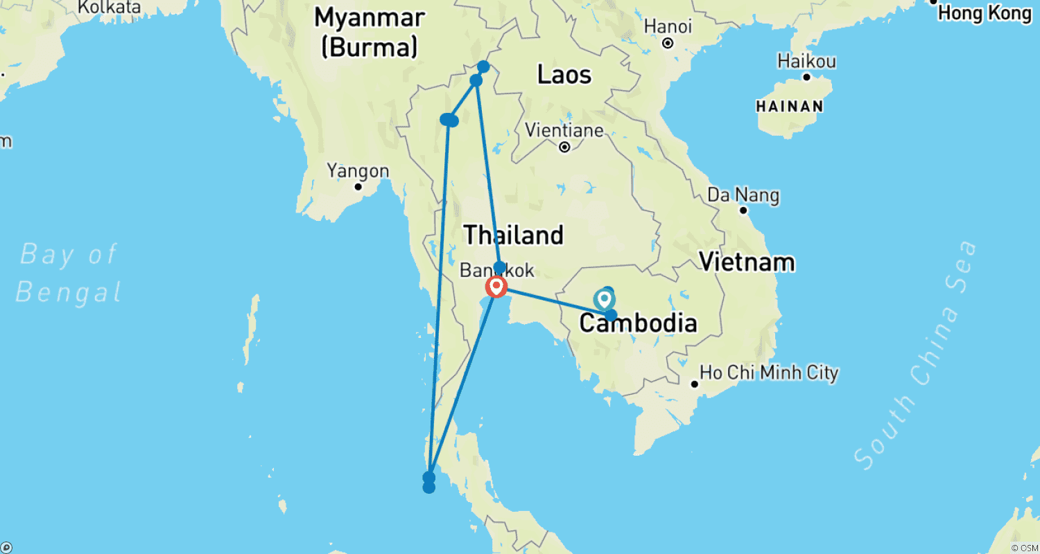 13日間オーダーメイドプライベートカンボジア&タイ旅行(毎日出発)のルートマップ