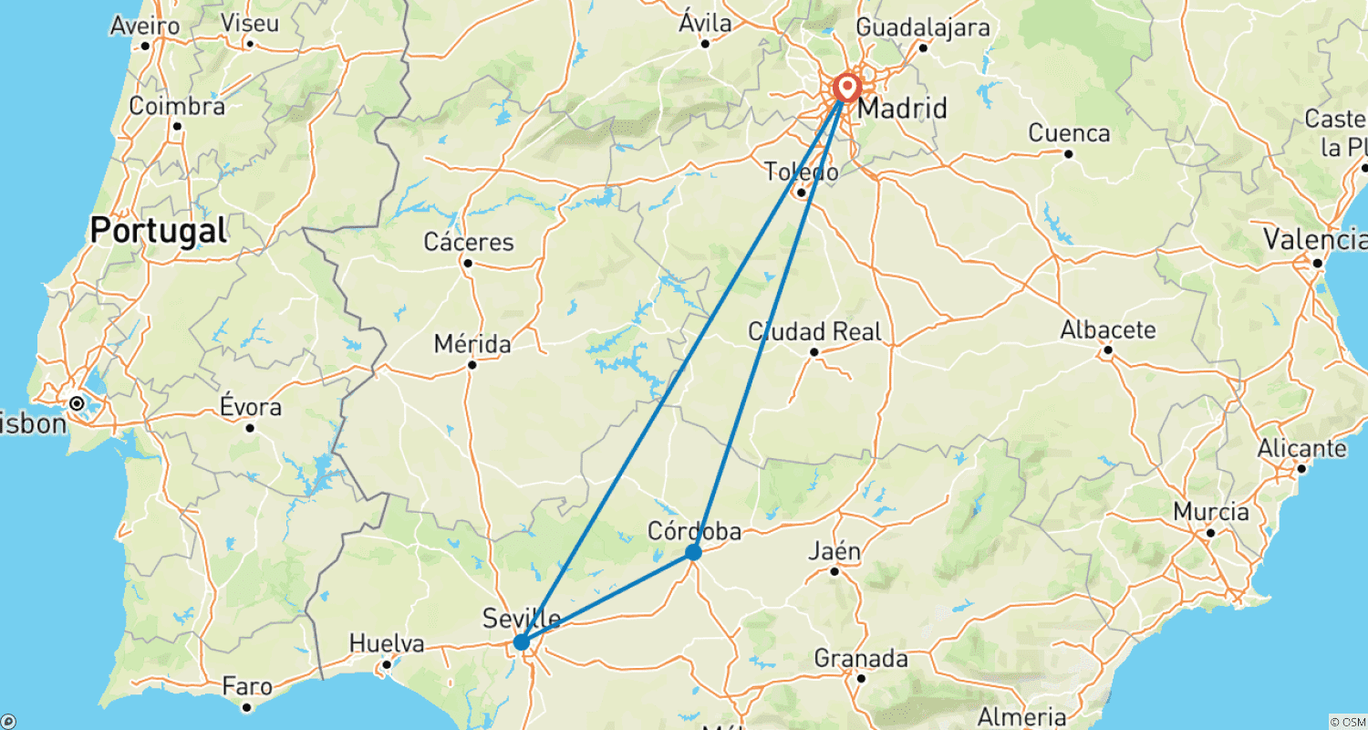 Mapa do percurso de 2 Dias: Córdoba e Sevilha saindo de Madri (Segunda-feira)