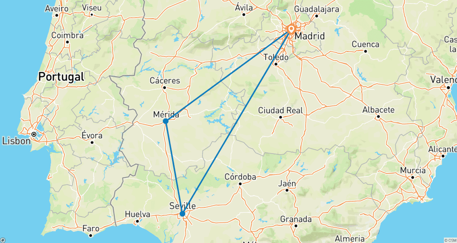 Mapa do percurso de 3 Dias Mérida e Sevilha saindo de Madri