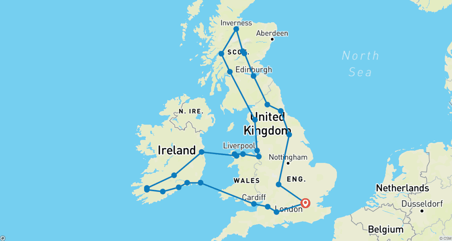 Mapa do percurso de Explorador da Grã-Bretanha e Irlanda (Pequenos Grupos, Prévia 2022, 15 Dias)