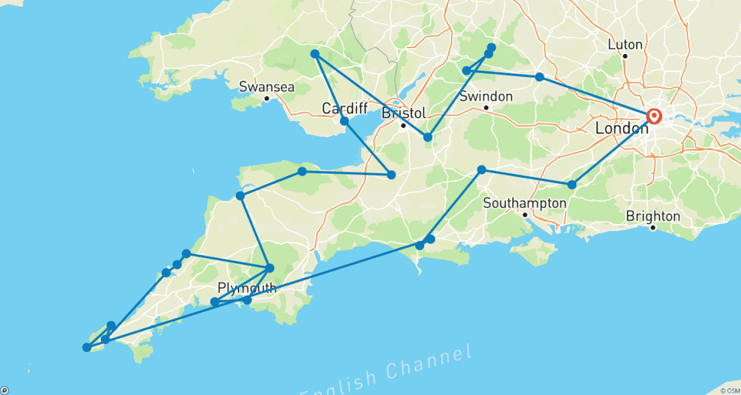 Mapa do percurso de Estradas Rurais do País de Gales, Devon & Cornwall (Pequenos Grupos, 13 Dias) (13 destinos)