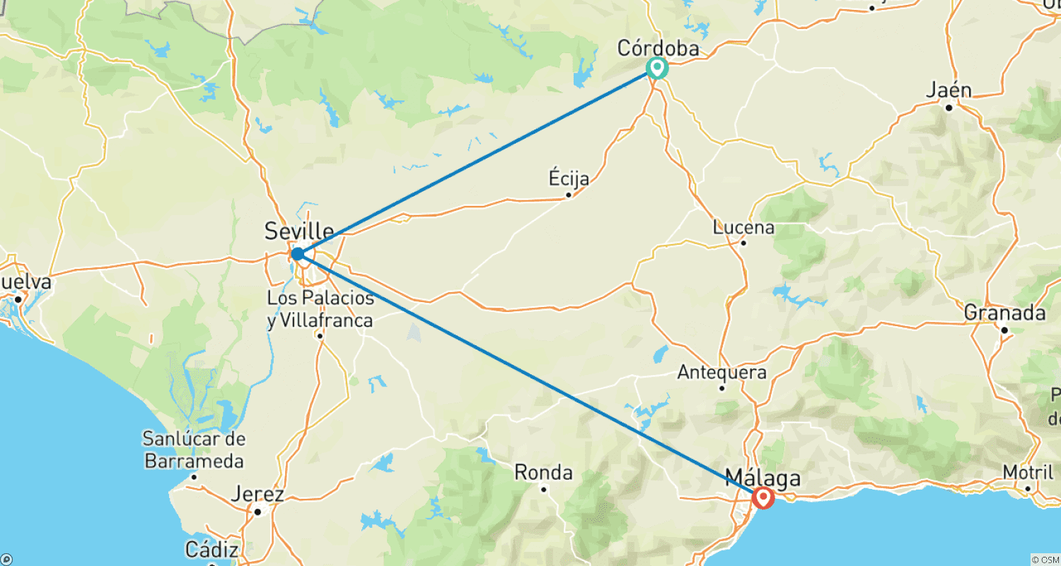 Mapa do percurso de Viagem de 3 Dias a Córdoba, Sevilha e Costa do Sol saindo de Madrid