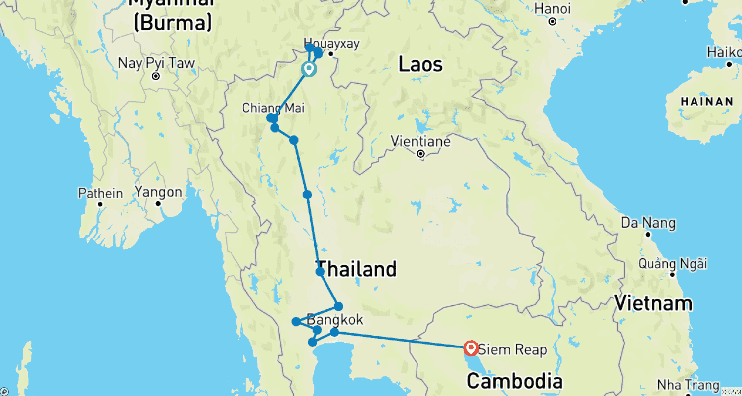 Mapa do percurso de Grande Tour pela Tailândia e Camboja, Pacote de Tour Privado (Multipaíses)