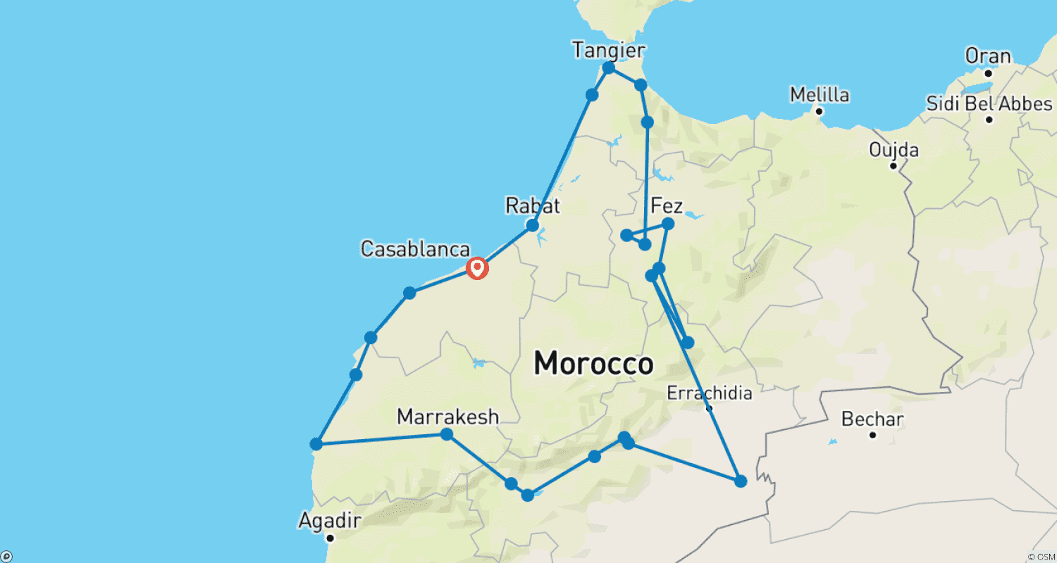 خريطة مسار جولة ثقافية في المغرب من الدار البيضاء (خاصة لمدة 16 يومًا)