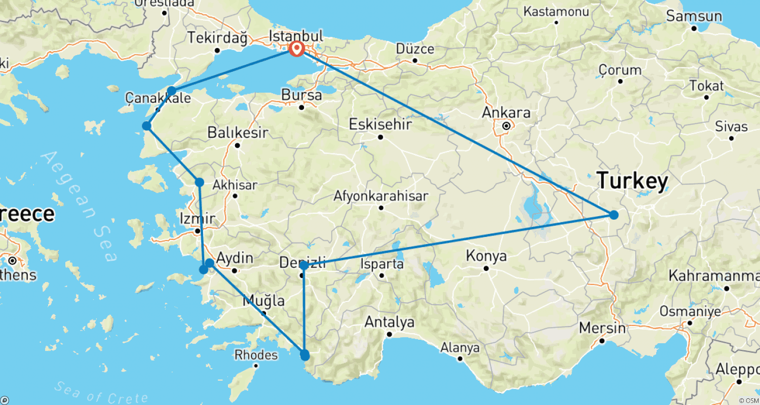 Mapa trasy: Niesamowita Turcja lądem (hotele 5 i 4-gwiazdkowe)