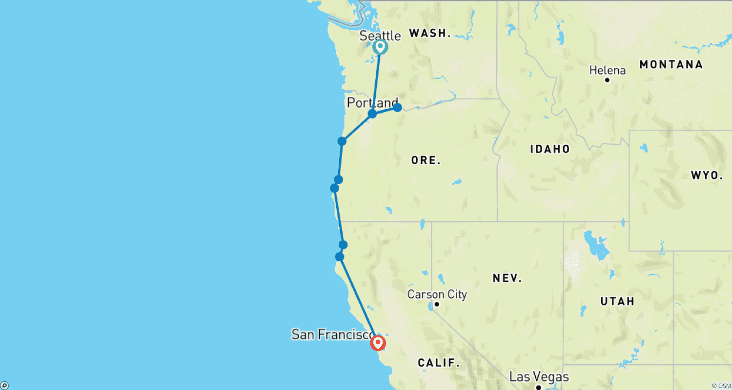 Mapa do percurso de Noroeste do Pacífico e Califórnia, incluindo Washington, Oregon e Califórnia (Seattle, WA a São Francisco, CA) (2027)