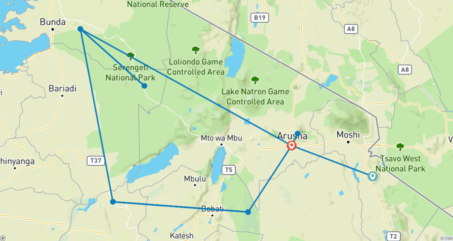 Mapa do percurso de 10 Days - Hight-End Safari in Tanzania (Legendary Lodge, Chem Chem, Mwiba Lodge, & Sasakwa Lodge)