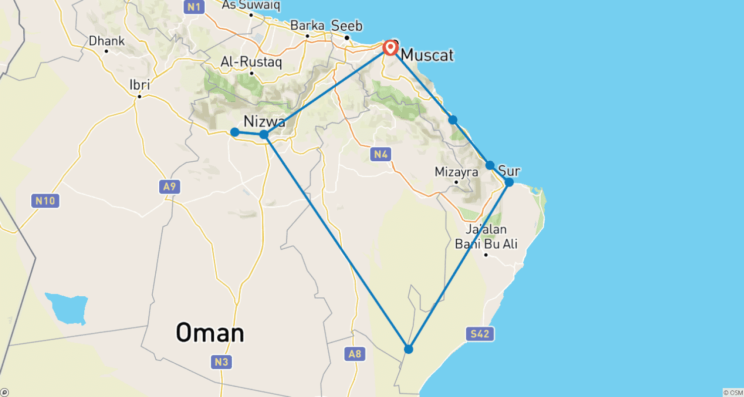 Mapa do percurso de Uma Jornada por Omã