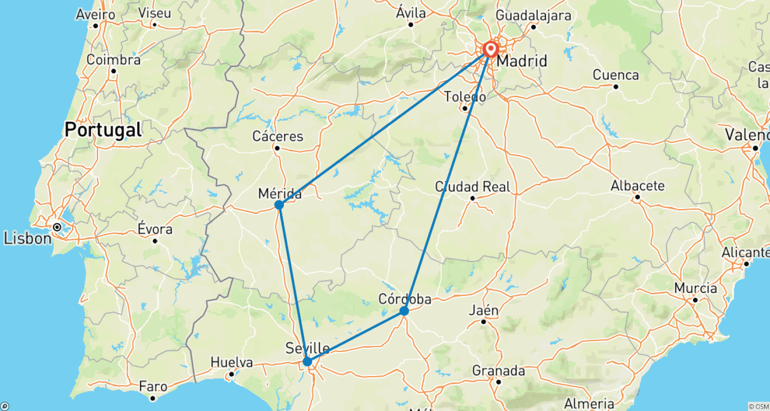 4 Day Merida, Cordoba & Seville from Madridのルートマップ