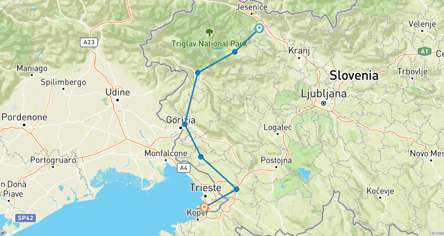 Mapa do percurso de Vistas e Vinhos da Eslovénia