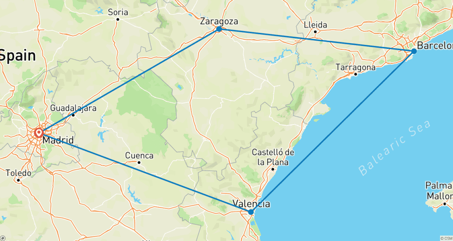 4-Day Valencia & Barcelona from Madridのルートマップ