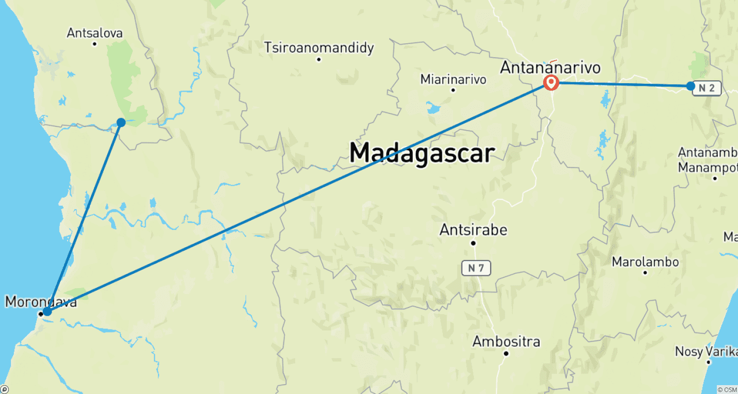 Mapa trasy: Dostosowana 9-dniowa prywatna rodzinna wycieczka Baobab & Tsingy, w pełni zorganizowana