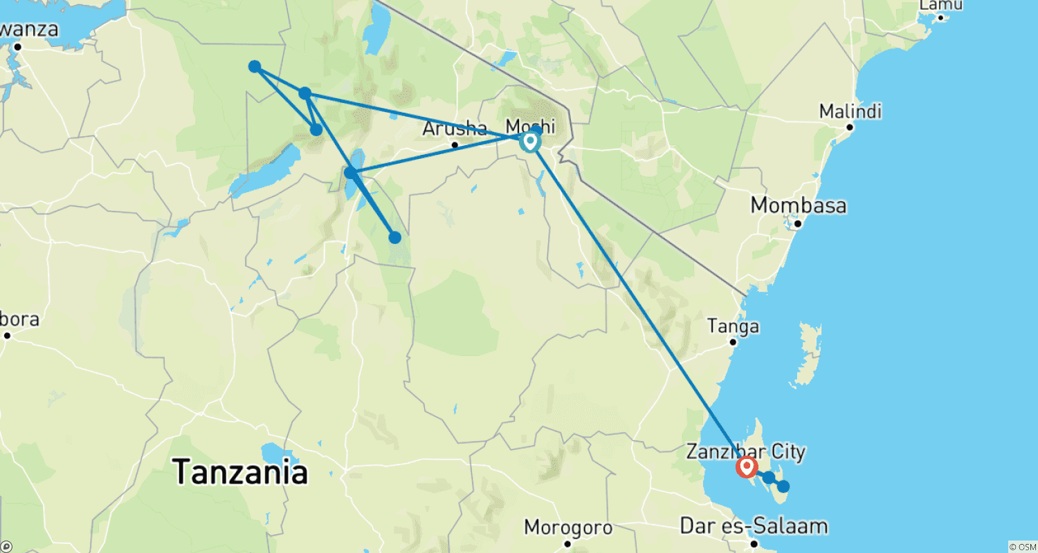 Mapa trasy: Wolontariat, Safari i Połączenie Plażowe - 22 Dni w Tanzanii i na Zanzibarze