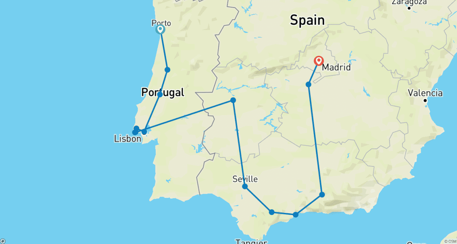 Mapa do percurso de Portugal e Espanha Mágicos - 10 Dias