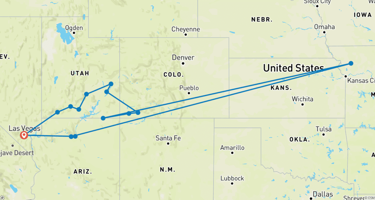 Mapa do percurso de Maravilhas do Oeste Americano (Pequenos Grupos)