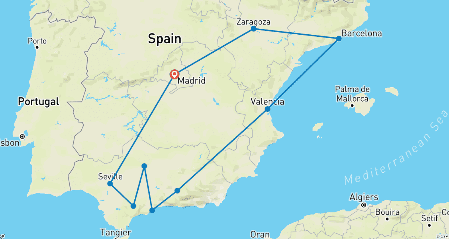 Mapa do percurso de Viagem pela Espanha e Costa Mediterrânea - 9 Dias