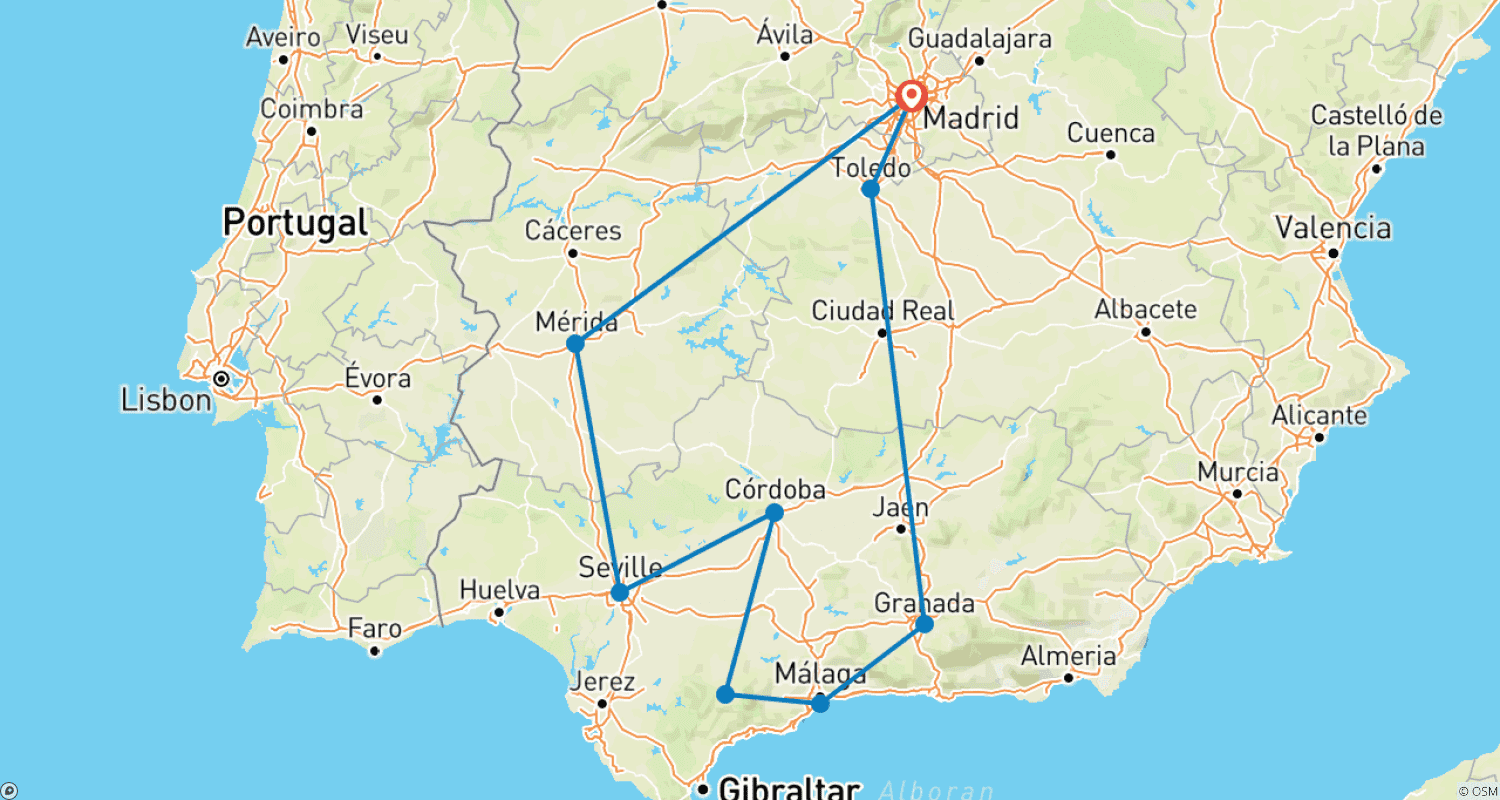 Mapa trasy: Andaluzja i Costa del Sol, 8 dni w soboty