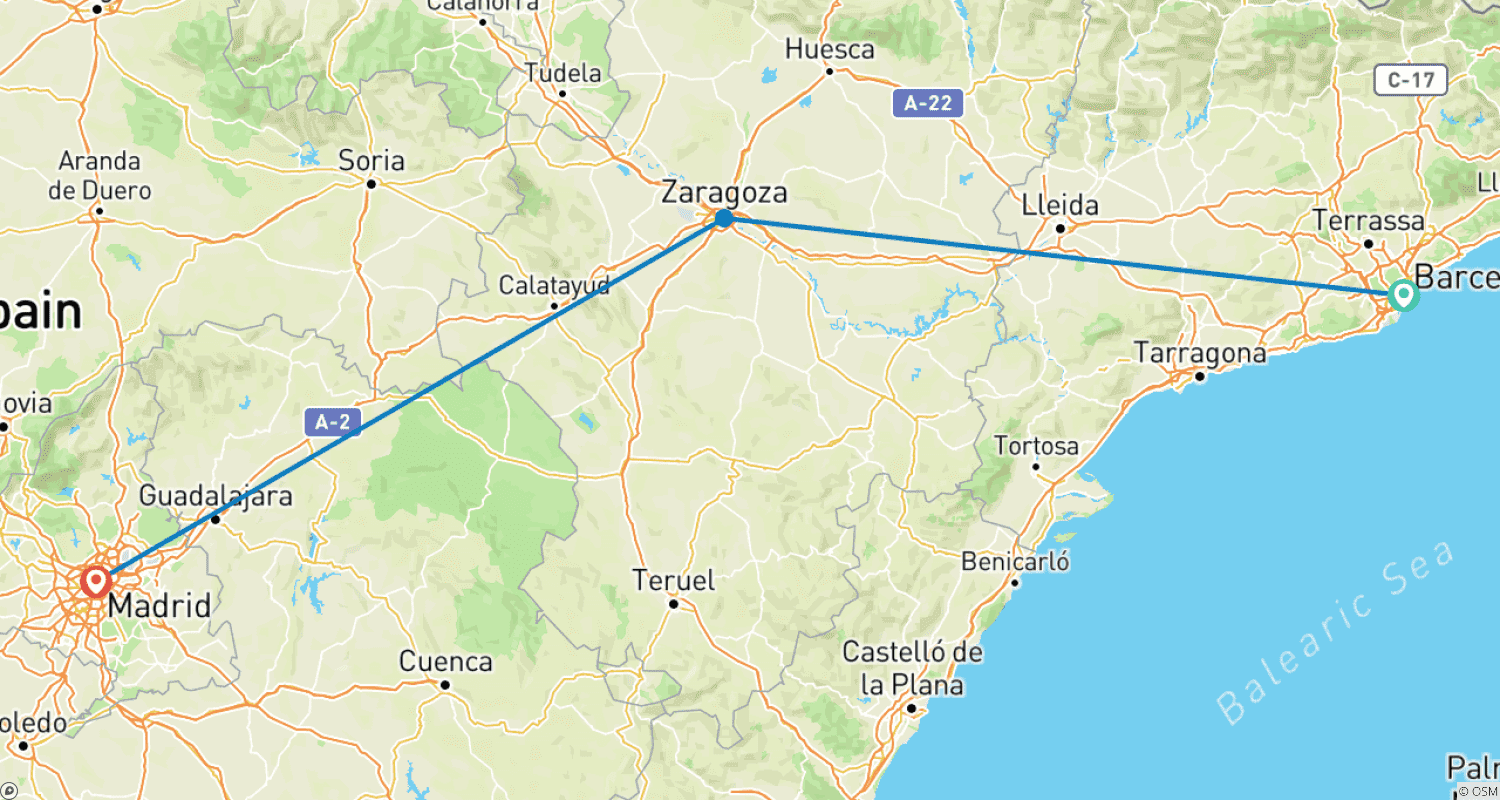 Mapa do percurso de Viagem de 5 Dias de Barcelona a Madrid