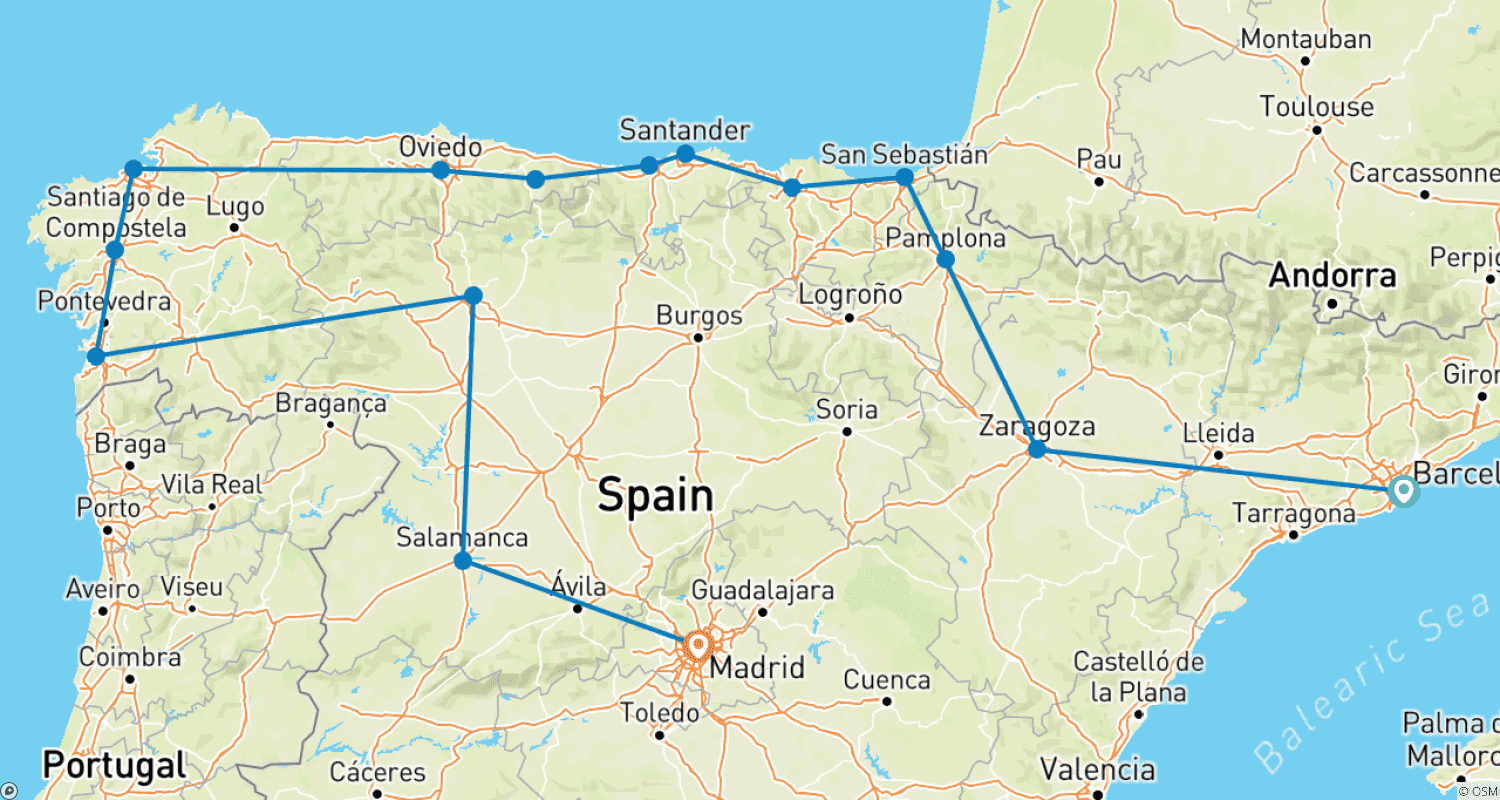 Mapa do percurso de 8 Dias no Norte da Espanha a partir de Barcelona