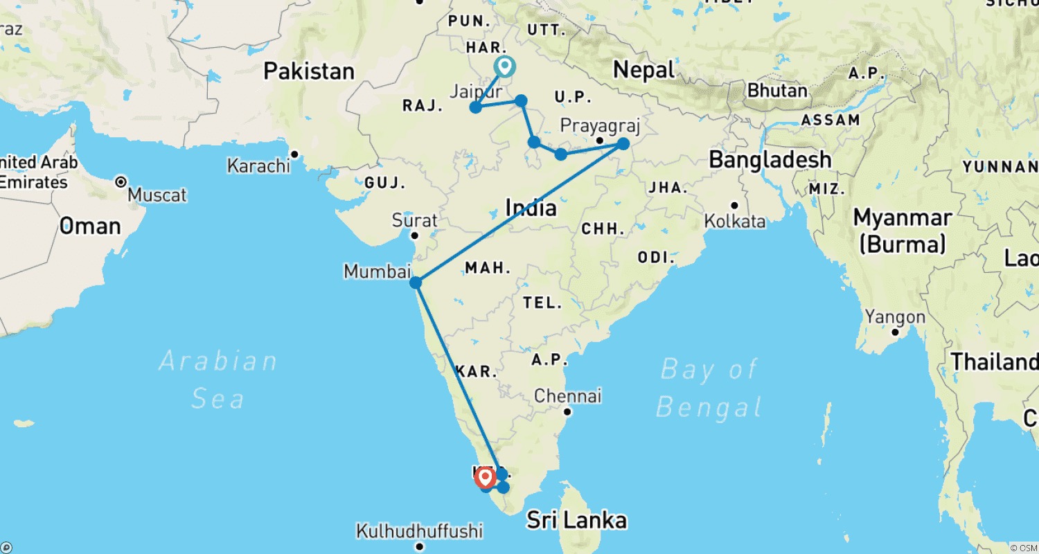 Mapa trasy: Incredible India - Classic North India, Mumbai and Kerala
