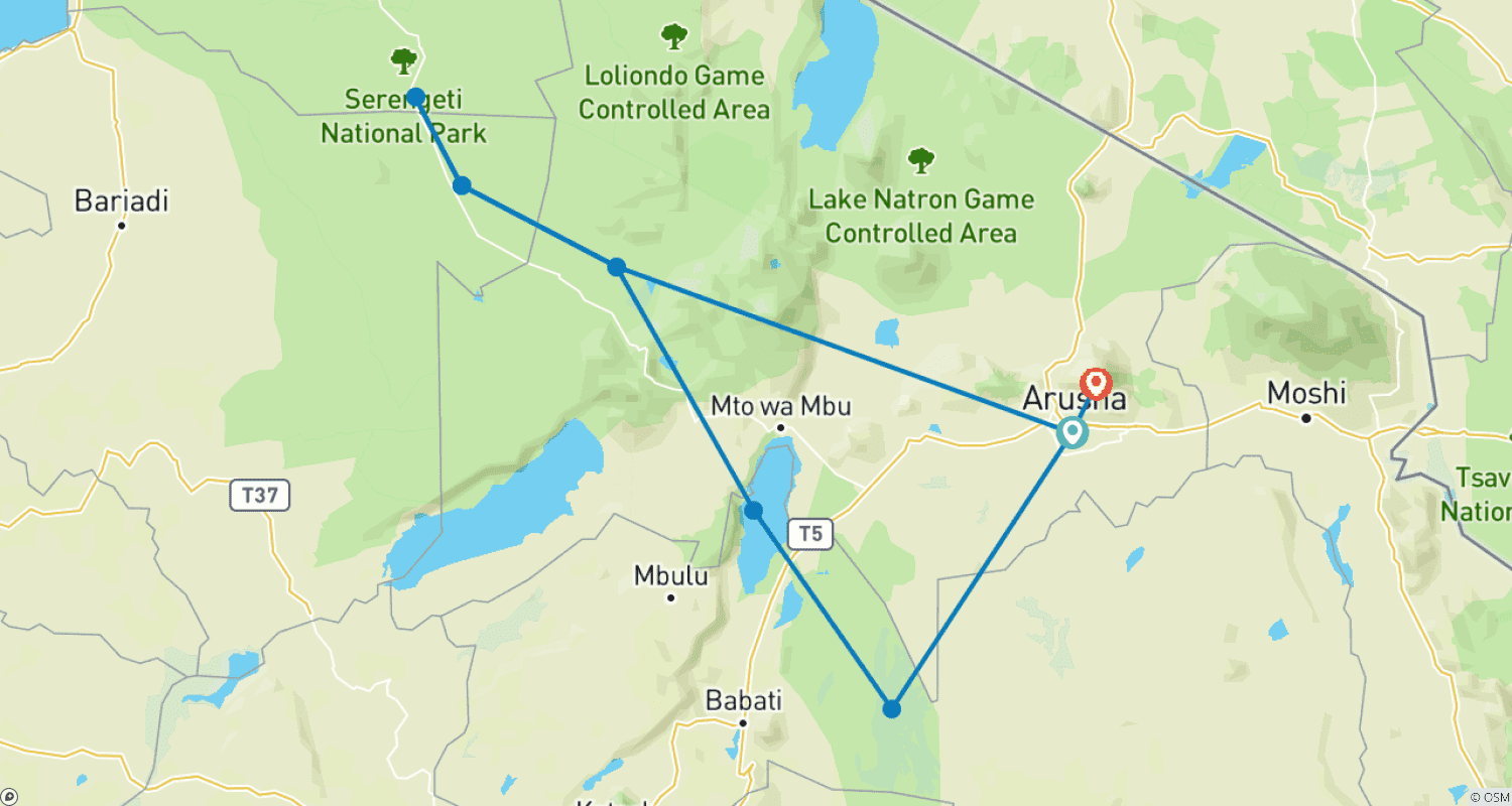 Mapa trasy: 8-dniowa wycieczka: Park Narodowy Arusha, Jezioro Manyara, Serengeti, Tarangire i krater Ngorongoro