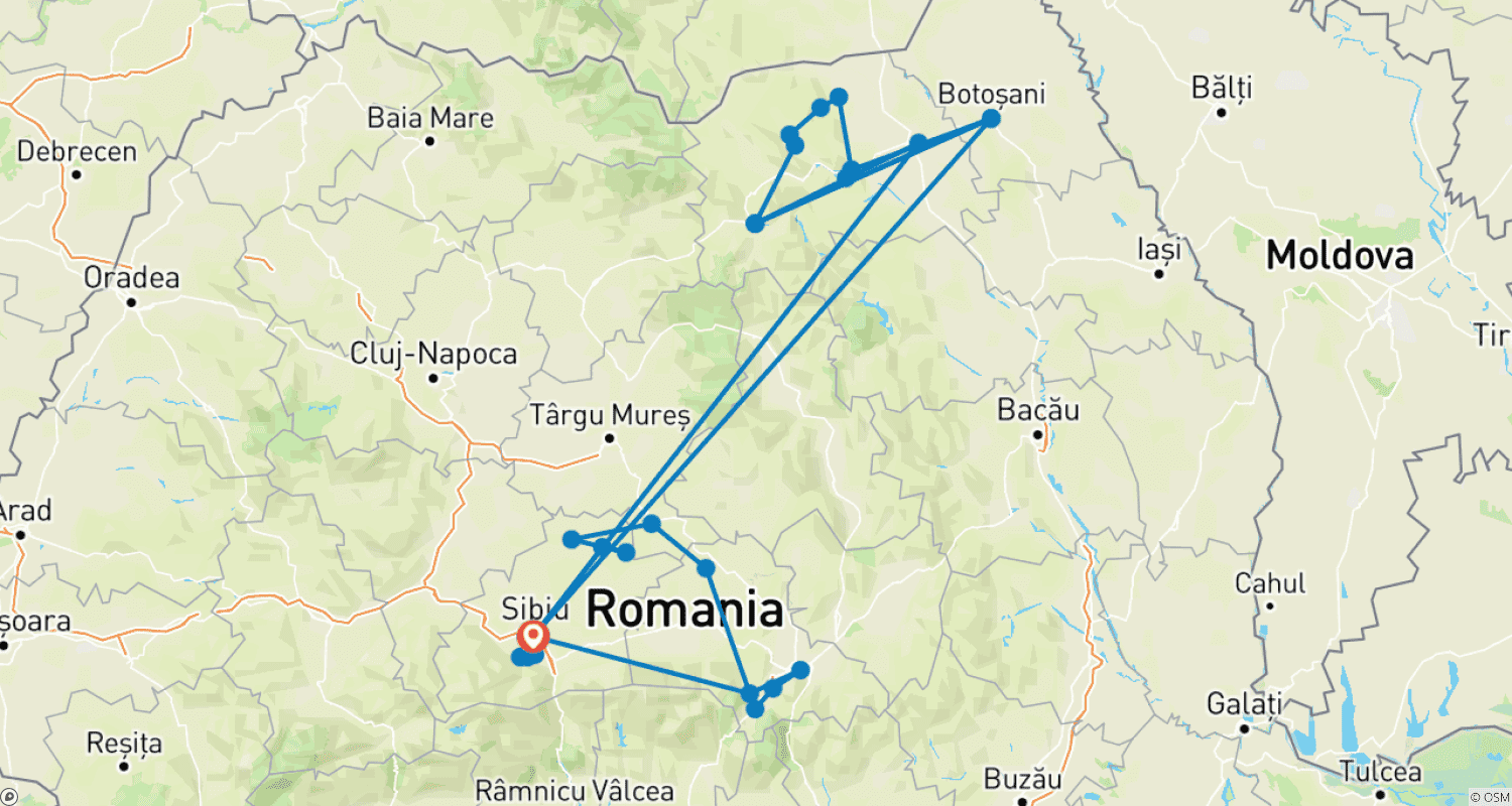 Mapa do percurso de Transilvânia e Bucovina de bicicleta