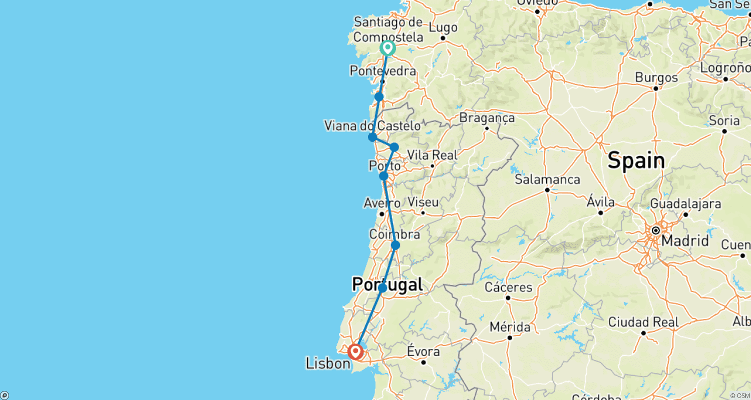 Mapa do percurso de Viagem de 8 Dias de Santiago a Lisboa