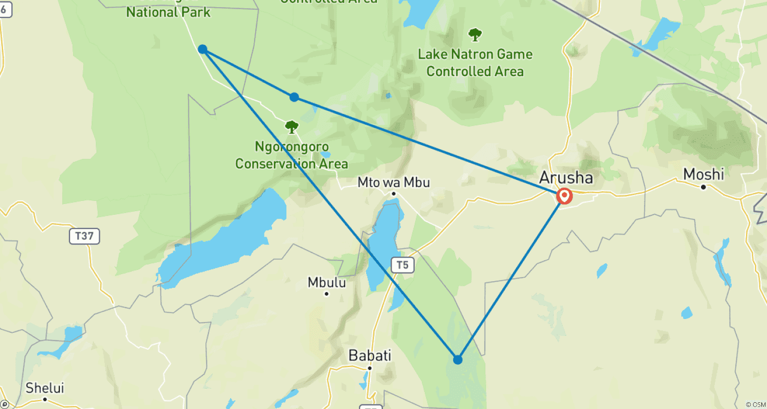 خريطة مسار 5-Days Mid-range Tour to Tarangire, Serengeti & Ngorongoro