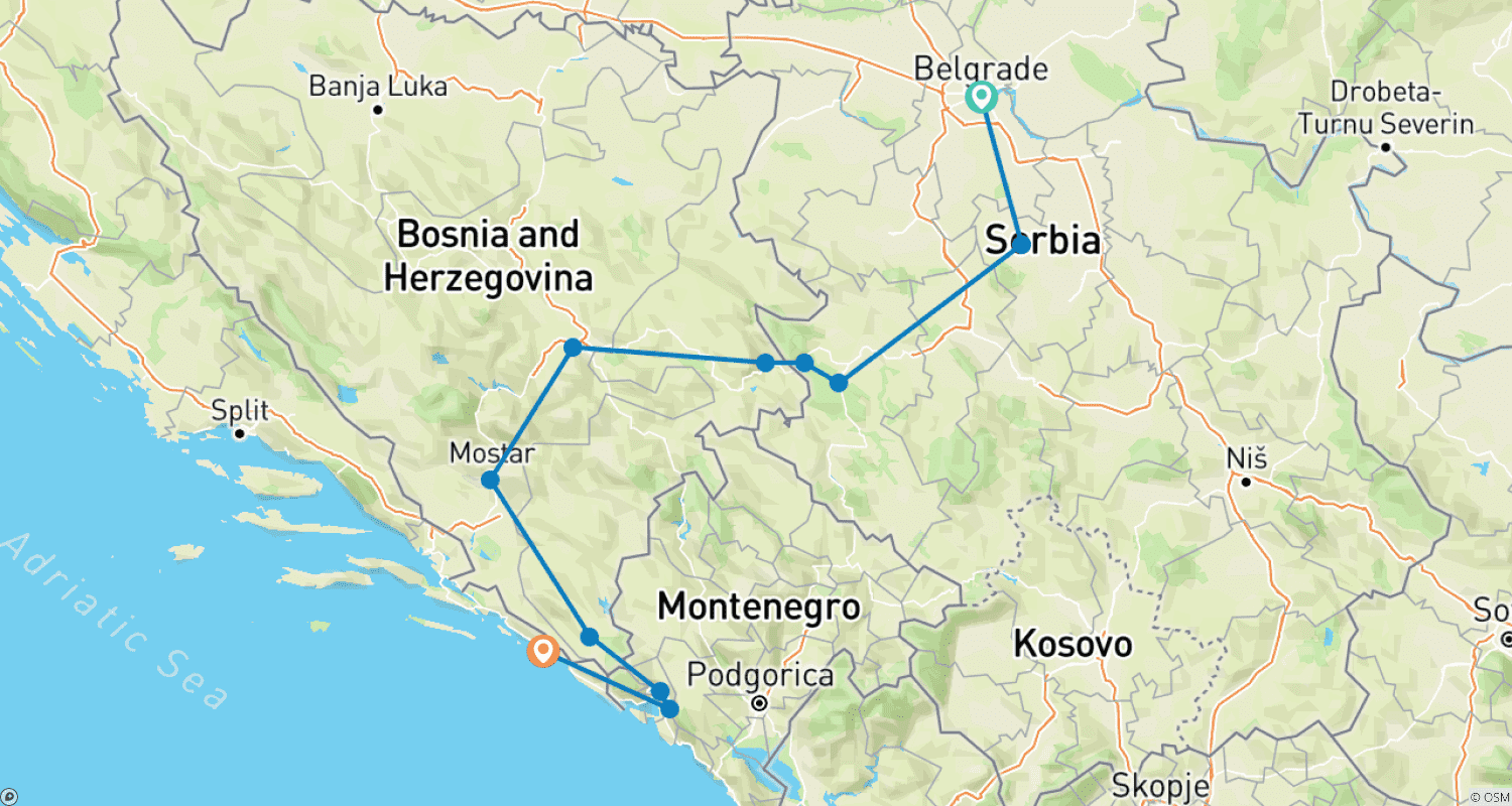 Mapa do percurso de Privado - Essenciais dos Balcãs em 9 dias