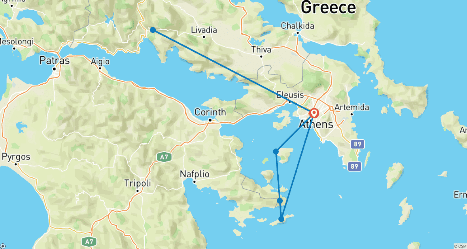 Mapa trasy: Ateny, Delfy i greckie wyspy podczas rejsu — 5 dni