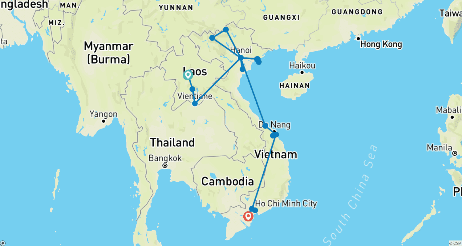 Laos and Vietnam tour in 16 daysのルートマップ