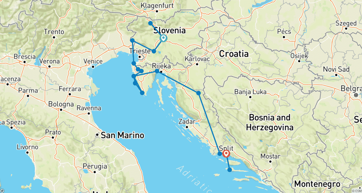 Mapa trasy: Prywatna – Rozszerzona Bałkańska z Lublany do Splitu