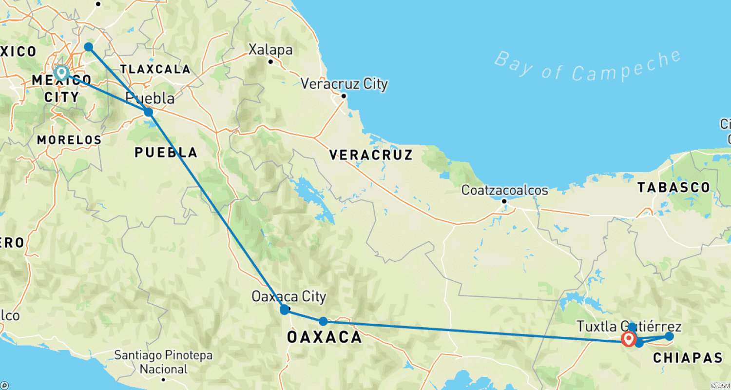 Mapa do percurso de Excursão a Chiapas: Uma Viagem Fascinante da Cidade do México a San Cristóbal