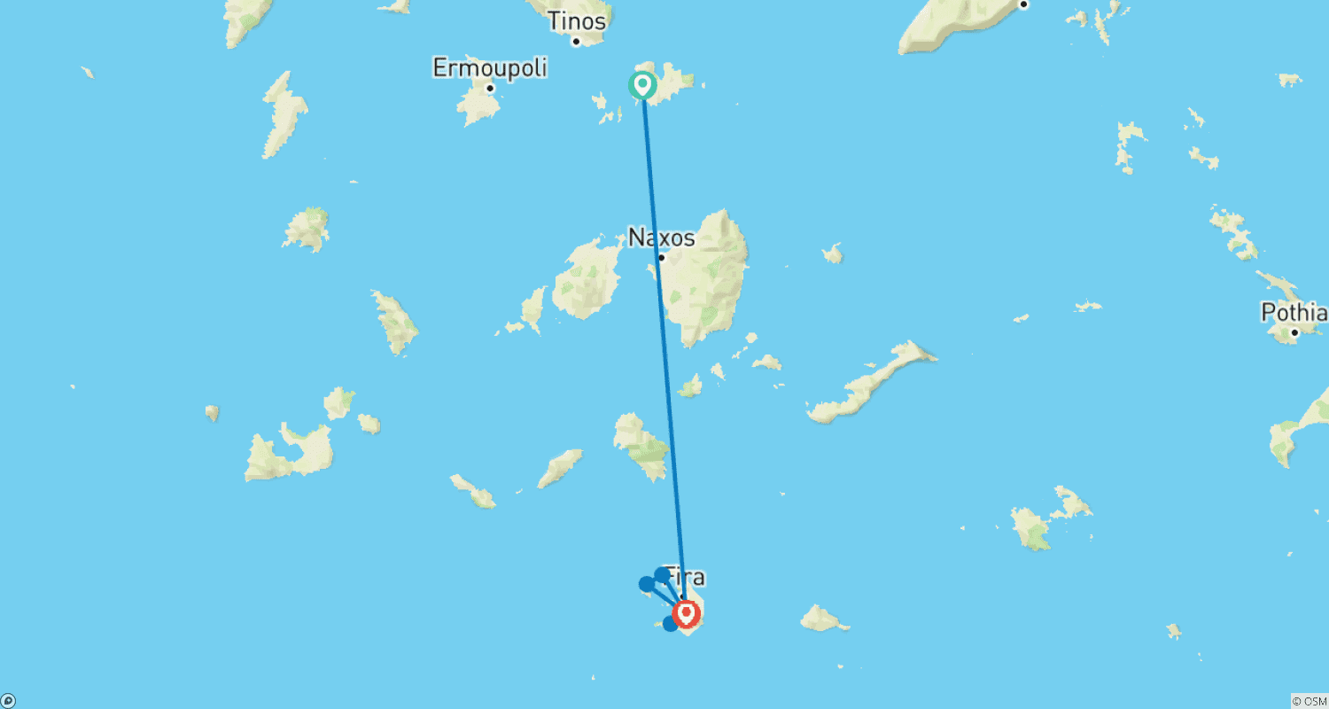 Mapa do percurso de Passeio entre Ilhas, As Joias das Cíclades: Mykonos, Santorini