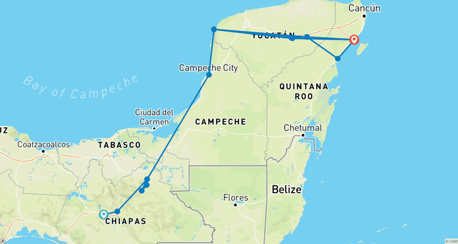 Mapa trasy: Wycieczka Majów: Odkryj to, co najlepsze w raju Południowego Meksyku i jego starożytnej przeszłości
