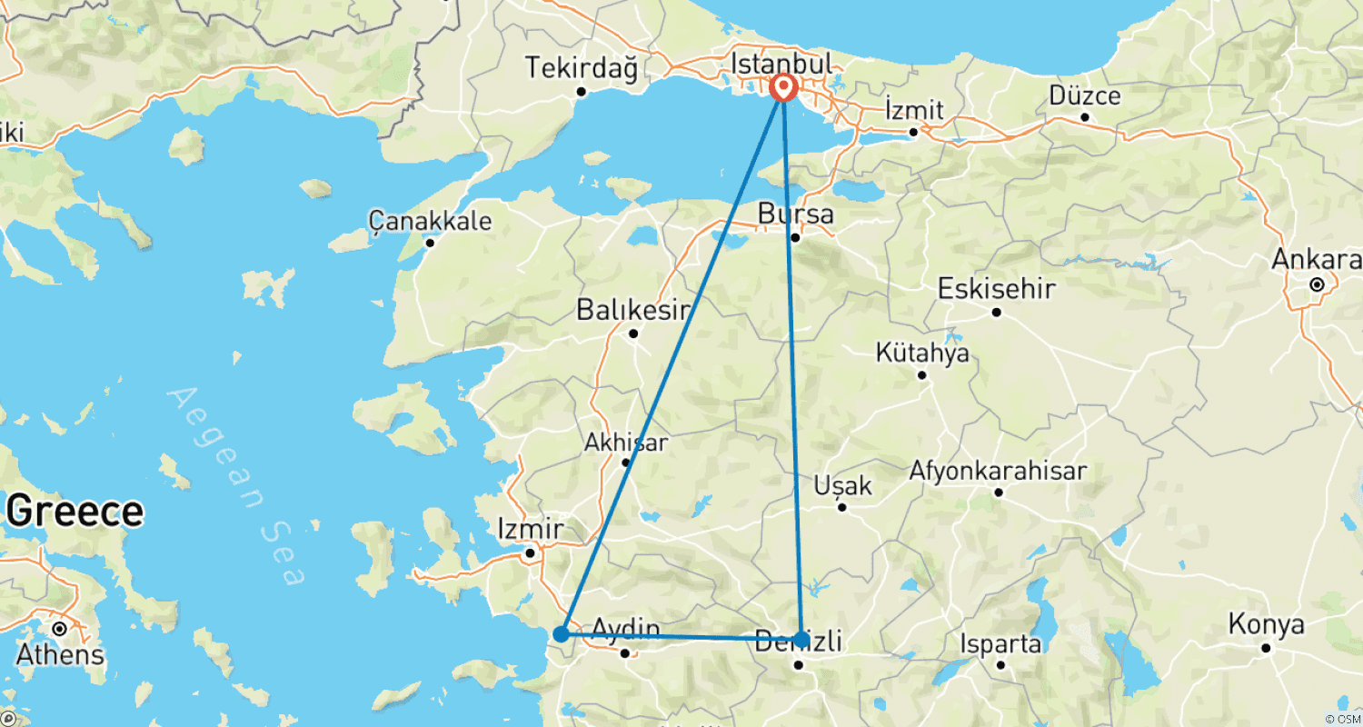 Mapa do percurso de Excursão de 2 Dias a Éfeso e Pamukkale