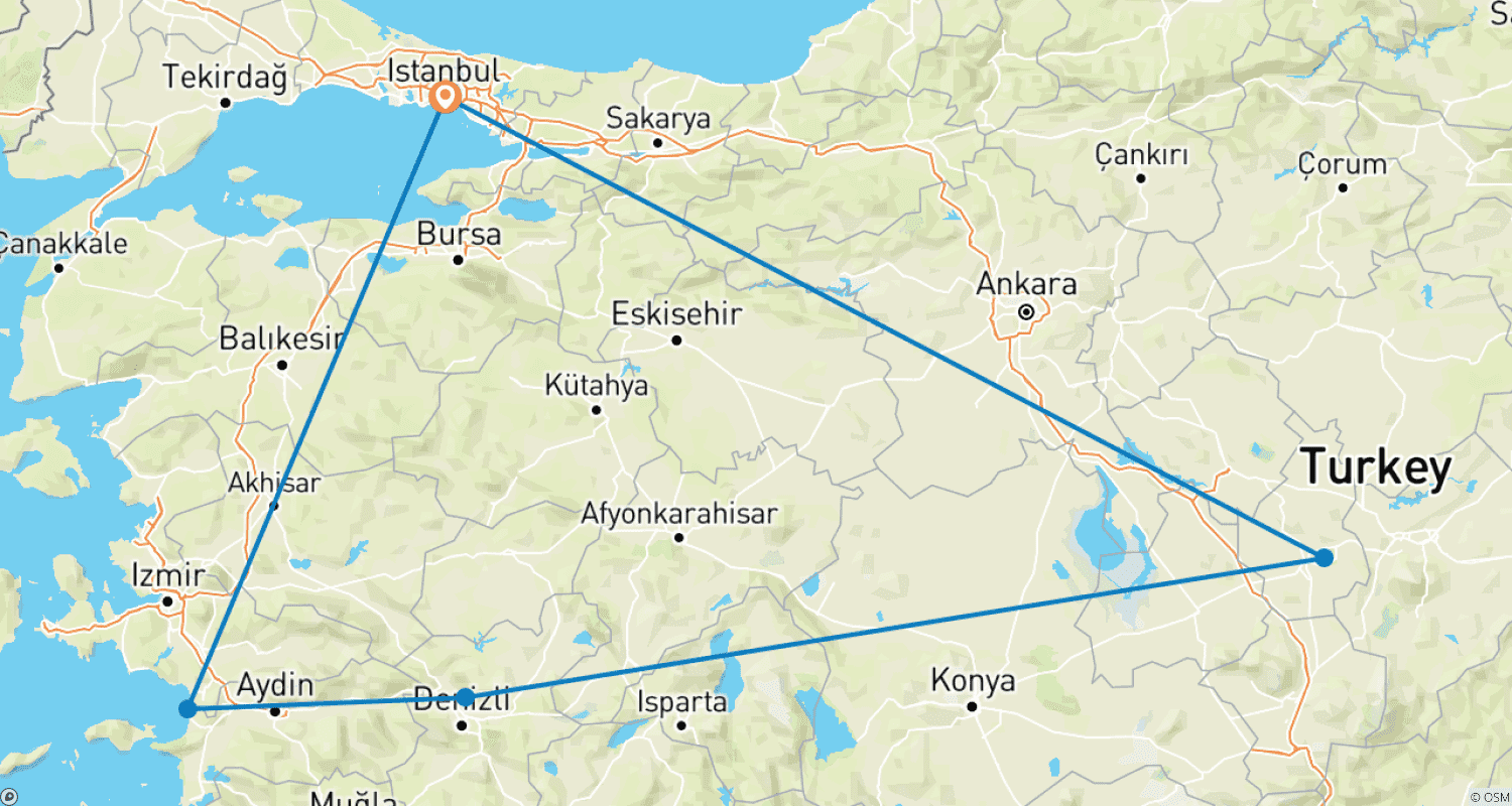 Mapa do percurso de Excursão de 4 Dias pela Turquia para Capadócia, Pamukkale e Éfeso