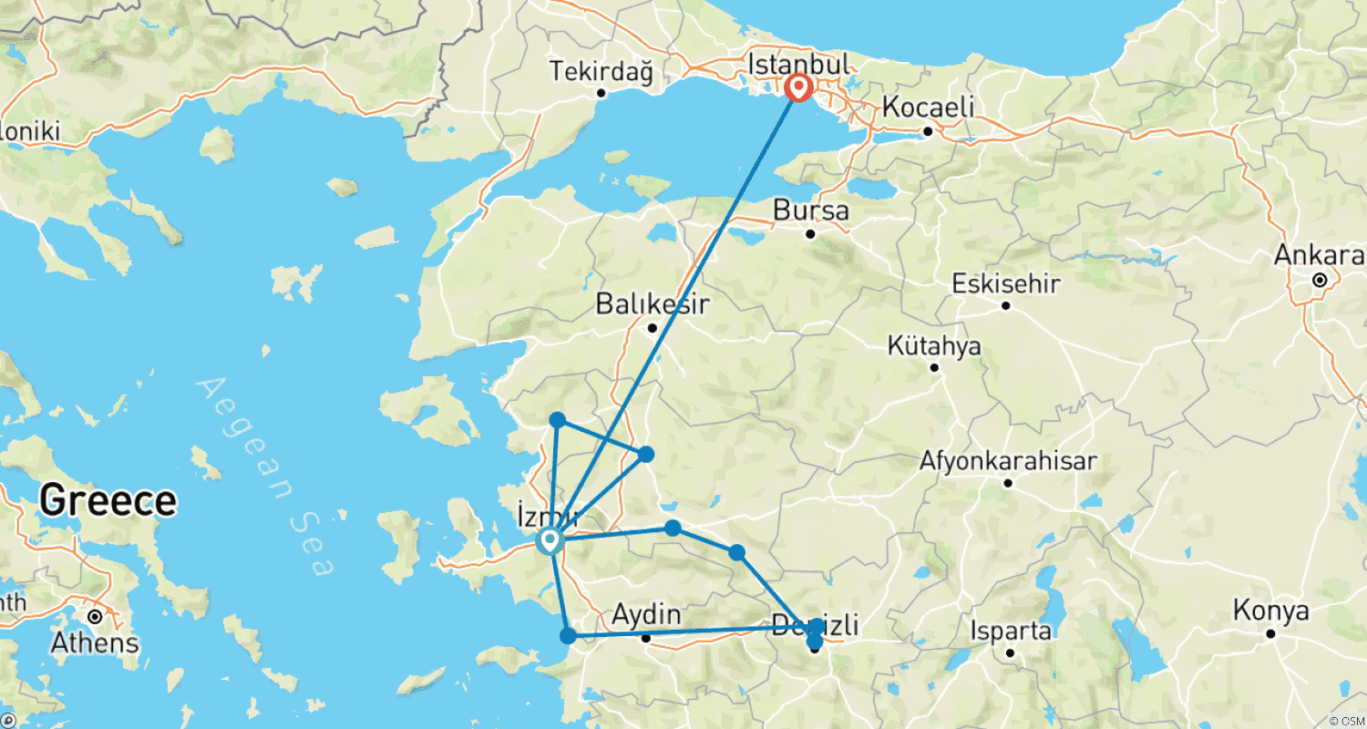 Mapa do percurso de Tour de 5 Dias pelas Sete Igrejas da Turquia: Apocalipse