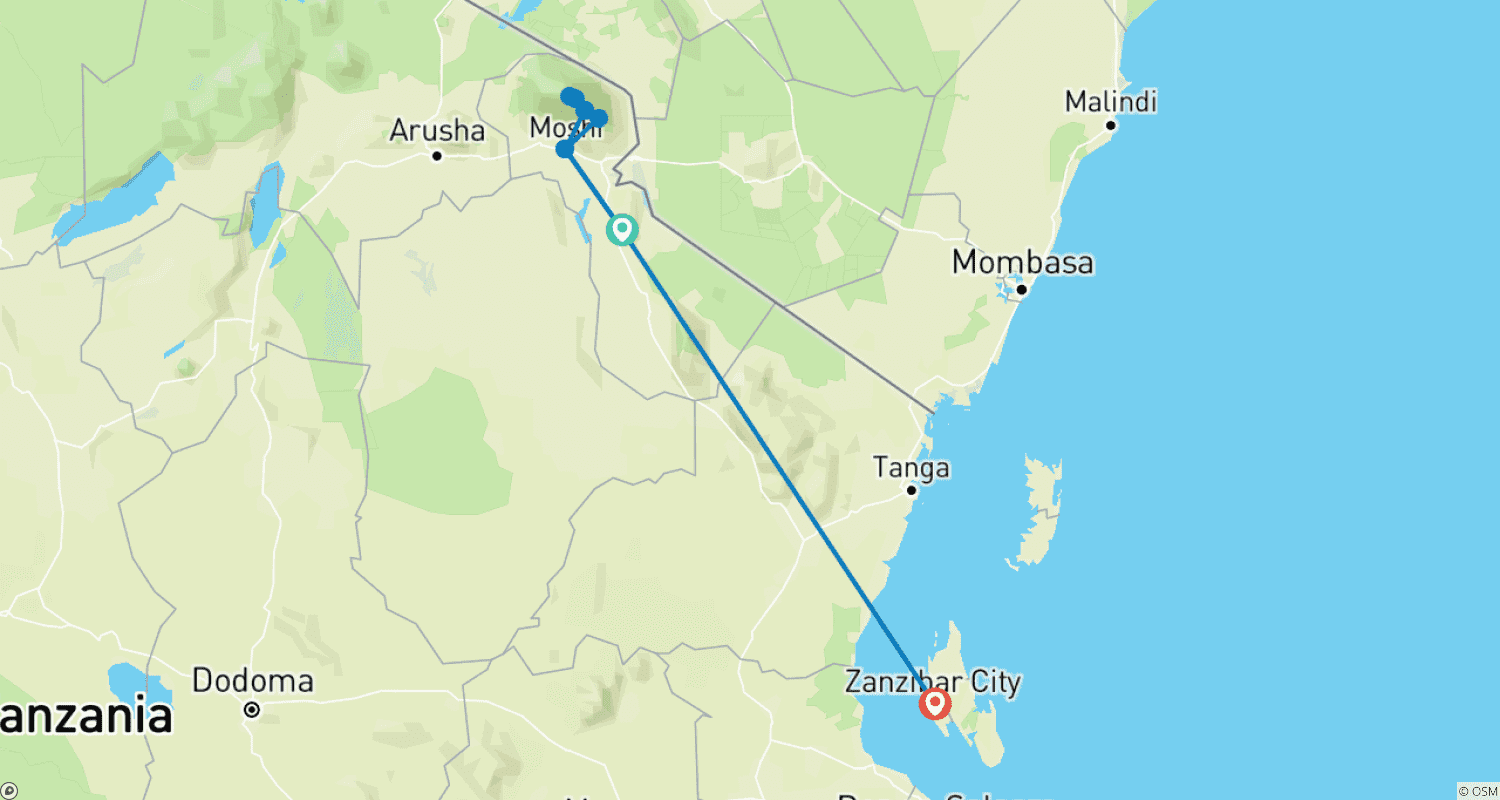 Mapa do percurso de Subida de 11 Dias ao Kilimanjaro pela Rota Marangu com Retiro na Praia de Zanzibar