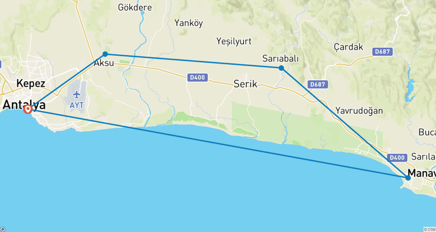 Mapa do percurso de Antalya Essenciais – 4 Dias com City Tour e Perge Aspendos