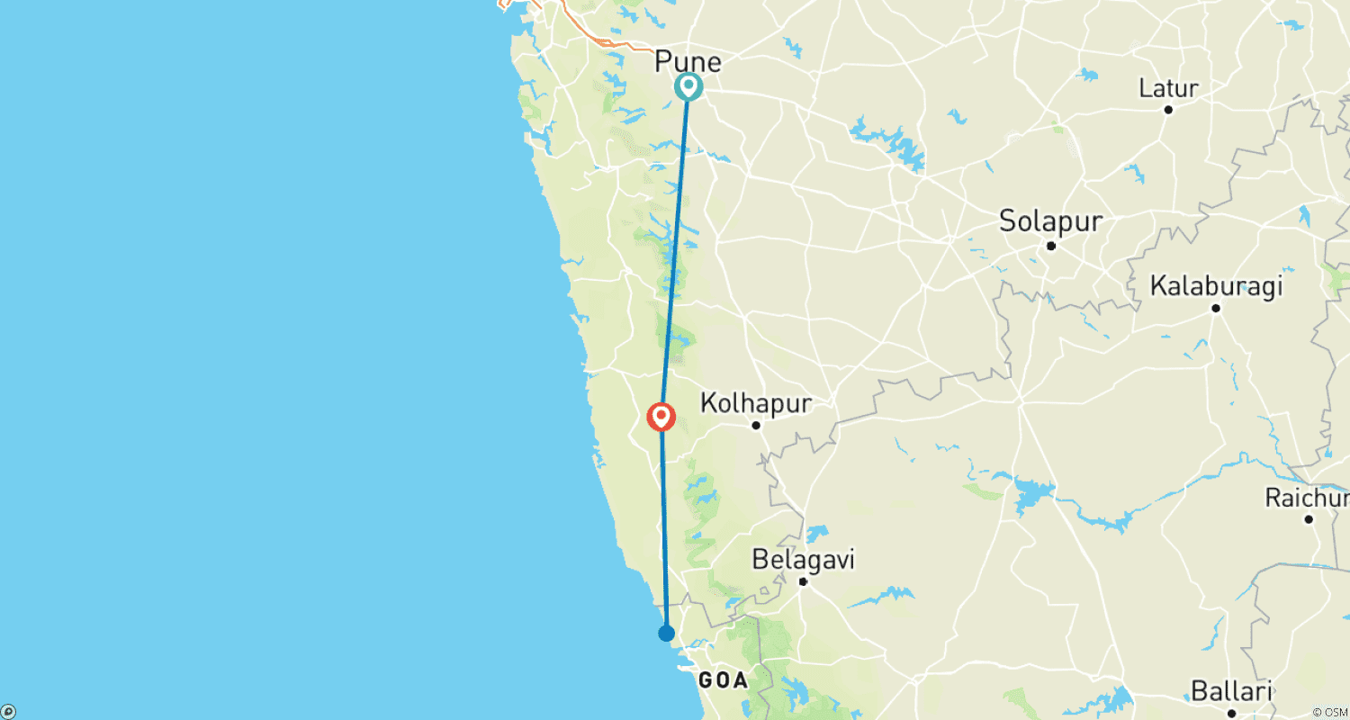 Mapa do percurso de De Pune a Goa: Safári de Vida Selvagem e Retiro na Praia