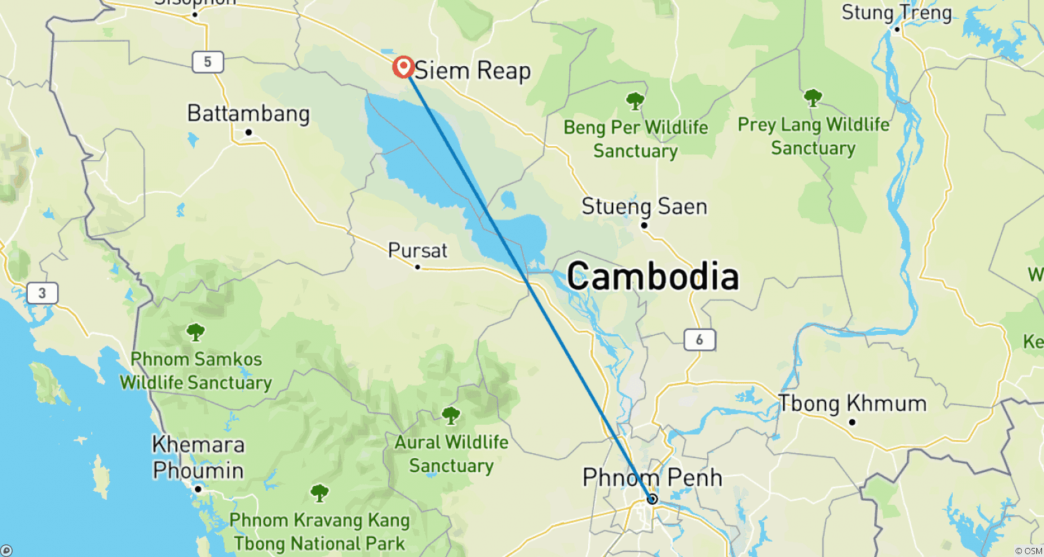 Mapa do percurso de Mini Aventura no Camboja para Jovens Adultos (18-30 e poucos)
